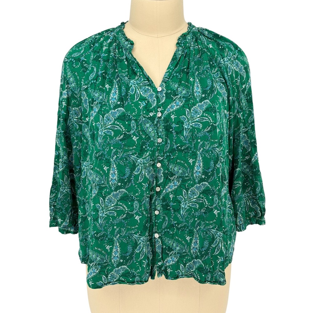 J.Jill Blouse Green Paisley Floral Button Front 3/4 Sleeve 2X